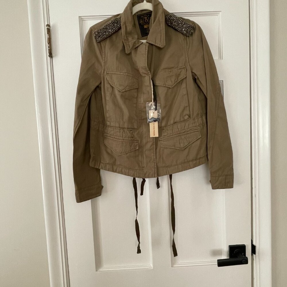Diesel Jacket G-CHLIO Military Green Embellished Shoulder Size S NWT - Picture 2 of 7